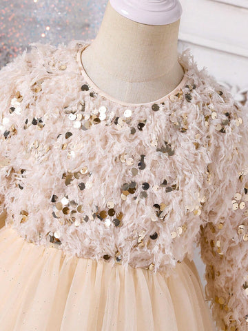 Young Girls Elegant Party Sequins Splicing Mesh Tulle Puffy Dress