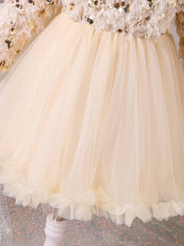 Young Girls Elegant Party Sequins Splicing Mesh Tulle Puffy Dress