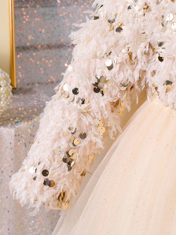 Young Girls Elegant Party Sequins Splicing Mesh Tulle Puffy Dress