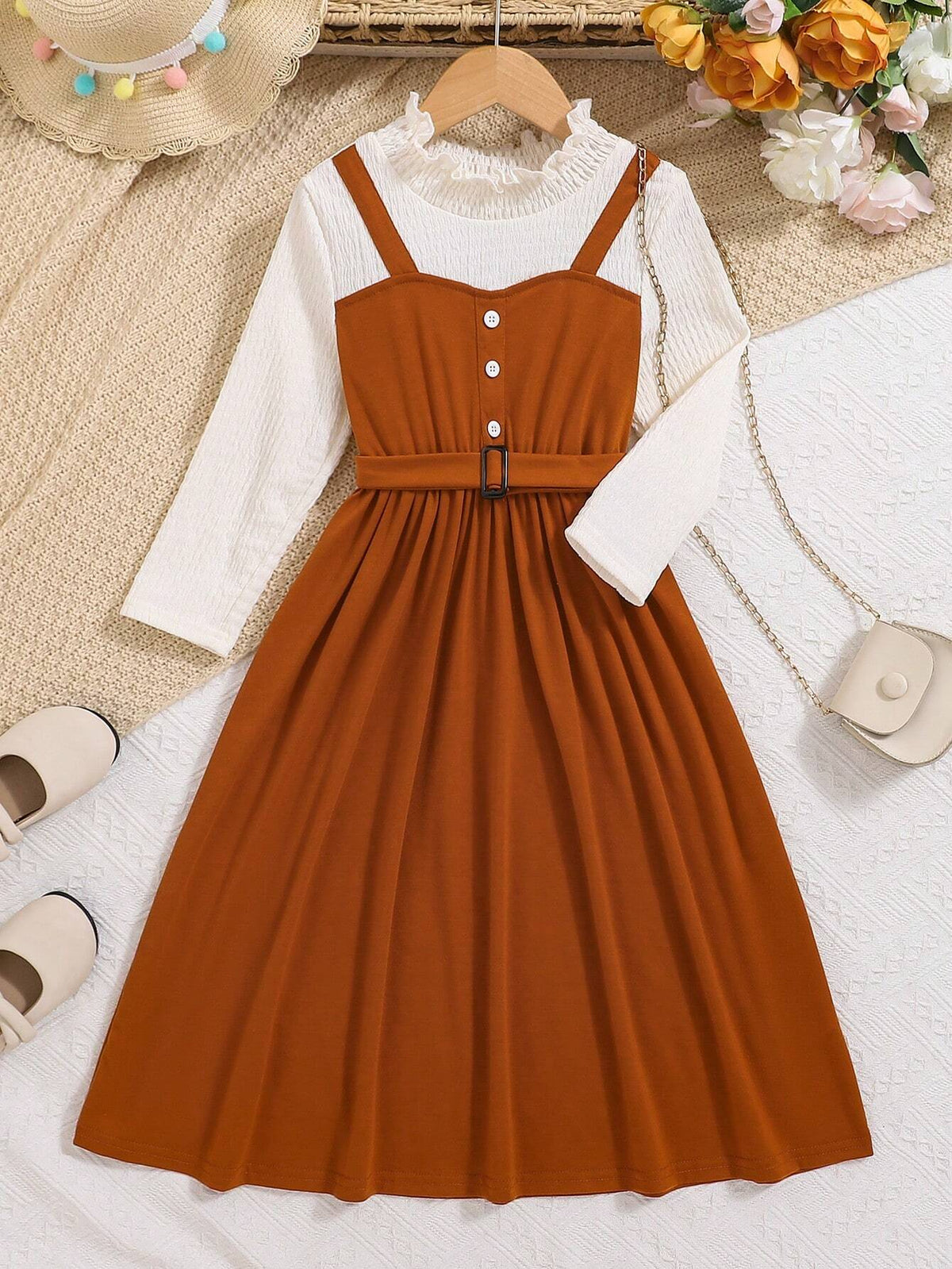 Young Girls Elegant Patchwork Ruffled Decorated Long Sleeve Brown Spaghetti Strap Dress
