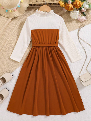 Young Girls Elegant Patchwork Ruffled Decorated Long Sleeve Brown Spaghetti Strap Dress