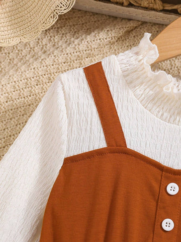 Young Girls Elegant Patchwork Ruffled Decorated Long Sleeve Brown Spaghetti Strap Dress