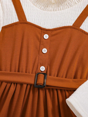 Young Girls Elegant Patchwork Ruffled Decorated Long Sleeve Brown Spaghetti Strap Dress