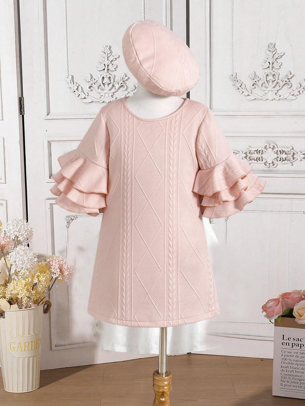 Young Girls Elegant Pink Dress With Matching Hat, Ruffle Sleeves Design For Special Occasions And Daily Wear, Fall/Winter