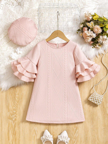 Young Girls Elegant Pink Dress With Matching Hat, Ruffle Sleeves Design For Special Occasions And Daily Wear, Fall/Winter
