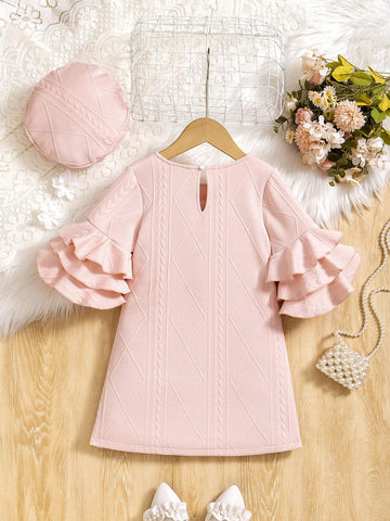 Young Girls Elegant Pink Dress With Matching Hat, Ruffle Sleeves Design For Special Occasions And Daily Wear, Fall/Winter