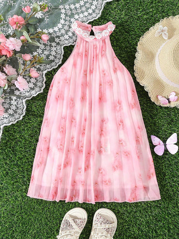 Young Girl's Elegant Pink Floral Print Embroidered Dress With Pleated Neckline And Applique Decoration For Summer