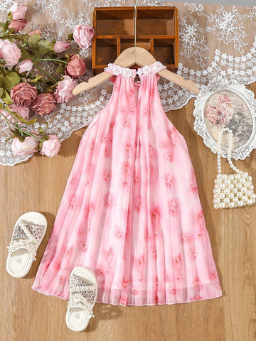 Young Girl's Elegant Pink Floral Print Embroidered Dress With Pleated Neckline And Applique Decoration For Summer