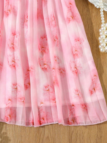 Young Girl's Elegant Pink Floral Print Embroidered Dress With Pleated Neckline And Applique Decoration For Summer