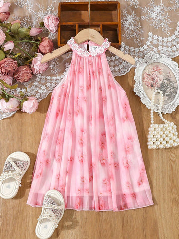 Young Girl's Elegant Pink Floral Print Embroidered Dress With Pleated Neckline And Applique Decoration For Summer