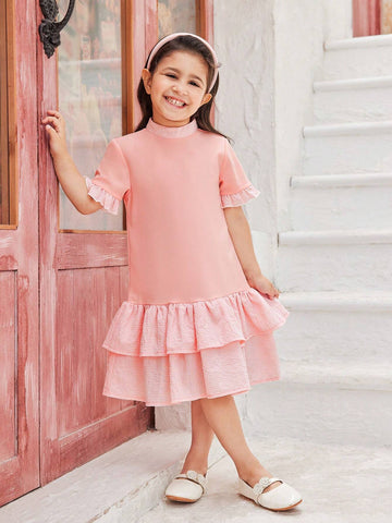 Young Girl's Elegant Plaid & Patchwork Ruffled Hem Dress, Summer
