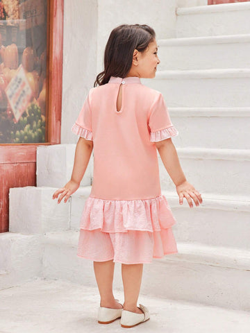 Young Girl's Elegant Plaid & Patchwork Ruffled Hem Dress, Summer