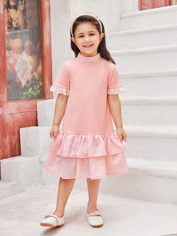 Young Girl's Elegant Plaid & Patchwork Ruffled Hem Dress, Summer