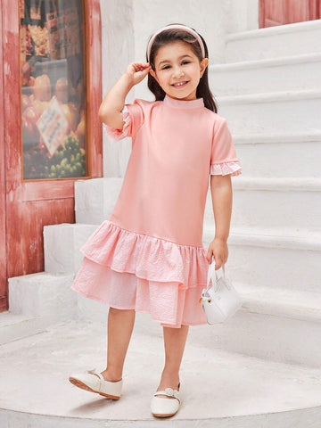 Young Girl's Elegant Plaid & Patchwork Ruffled Hem Dress, Summer