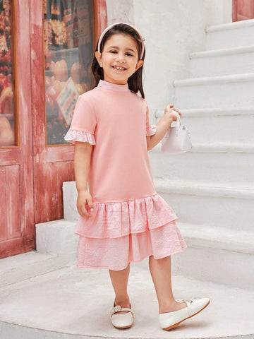 Young Girl's Elegant Plaid & Patchwork Ruffled Hem Dress, Summer