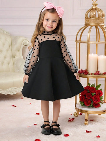 oung Girls' Elegant Polka Dot Contrast Mesh Ruched Puff Sleeve Stand Collar Dress, Black - Suitable For Home, Outdoor