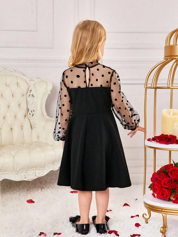 oung Girls' Elegant Polka Dot Contrast Mesh Ruched Puff Sleeve Stand Collar Dress, Black - Suitable For Home, Outdoor