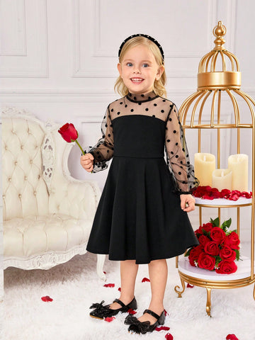 oung Girls' Elegant Polka Dot Contrast Mesh Ruched Puff Sleeve Stand Collar Dress, Black - Suitable For Home, Outdoor