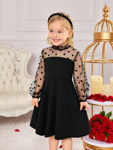 oung Girls' Elegant Polka Dot Contrast Mesh Ruched Puff Sleeve Stand Collar Dress, Black - Suitable For Home, Outdoor