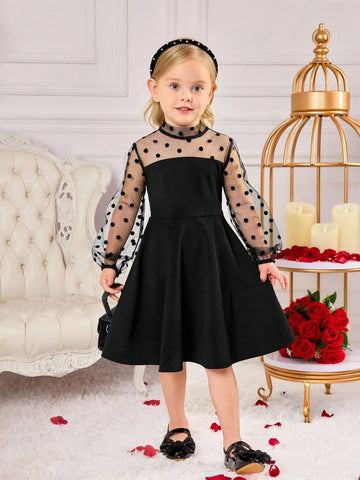 oung Girls' Elegant Polka Dot Contrast Mesh Ruched Puff Sleeve Stand Collar Dress, Black - Suitable For Home, Outdoor