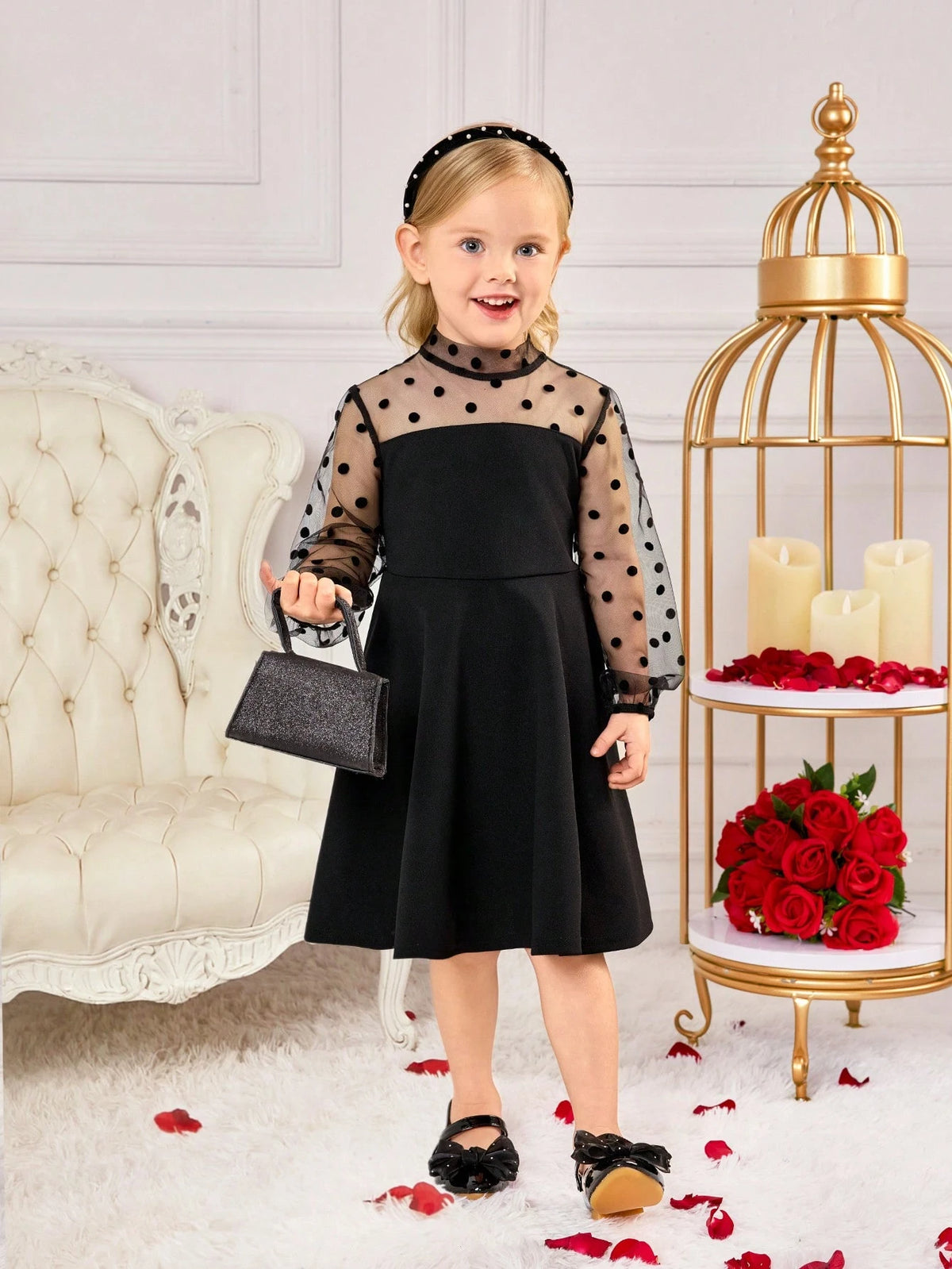 oung Girls' Elegant Polka Dot Contrast Mesh Ruched Puff Sleeve Stand Collar Dress, Black - Suitable For Home, Outdoor