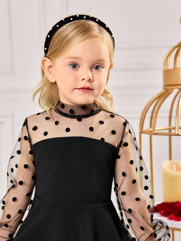 oung Girls' Elegant Polka Dot Contrast Mesh Ruched Puff Sleeve Stand Collar Dress, Black - Suitable For Home, Outdoor