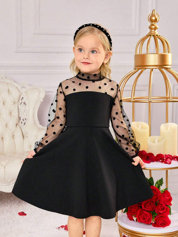 oung Girls' Elegant Polka Dot Contrast Mesh Ruched Puff Sleeve Stand Collar Dress, Black - Suitable For Home, Outdoor