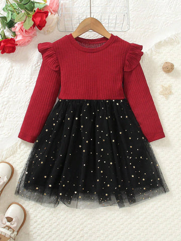 Young Girls Elegant Princess Star Sequin Mesh Contrast Round Neck Cap Sleeve Long Sleeve Dress, Autumn