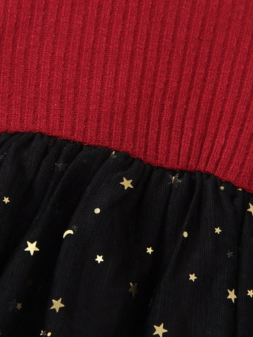 Young Girls Elegant Princess Star Sequin Mesh Contrast Round Neck Cap Sleeve Long Sleeve Dress, Autumn