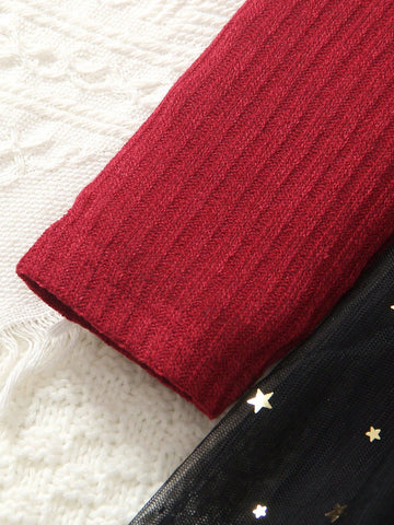 Young Girls Elegant Princess Star Sequin Mesh Contrast Round Neck Cap Sleeve Long Sleeve Dress, Autumn