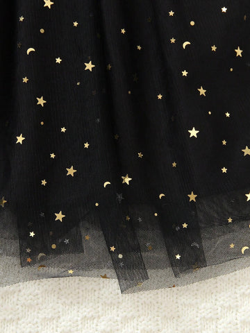 Young Girls Elegant Princess Star Sequin Mesh Contrast Round Neck Cap Sleeve Long Sleeve Dress, Autumn