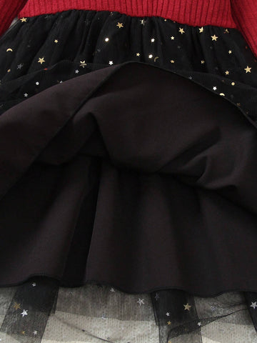 Young Girls Elegant Princess Star Sequin Mesh Contrast Round Neck Cap Sleeve Long Sleeve Dress, Autumn