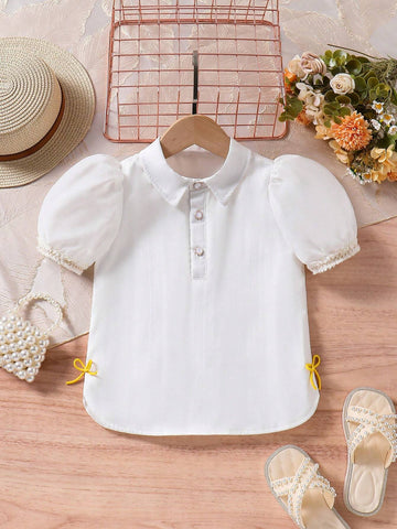 Young Girls' Elegant Puff Sleeve Ruffle Collar Palace Style Shirt Top, Summer