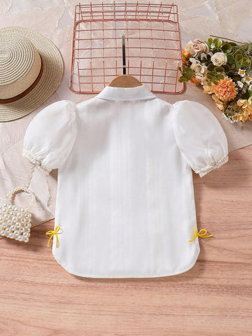 Young Girls' Elegant Puff Sleeve Ruffle Collar Palace Style Shirt Top, Summer