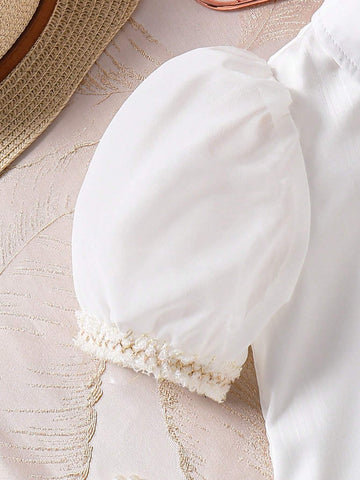 Young Girls' Elegant Puff Sleeve Ruffle Collar Palace Style Shirt Top, Summer