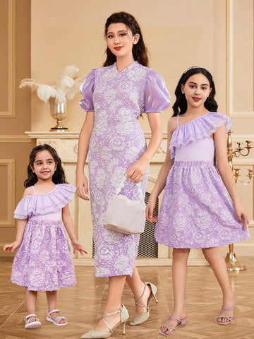 Young Girl's Elegant Purple Oblique-Shoulder Ruffle Jacquard Floral Patchwork Dress, Summer