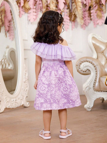 Young Girl's Elegant Purple Oblique-Shoulder Ruffle Jacquard Floral Patchwork Dress, Summer