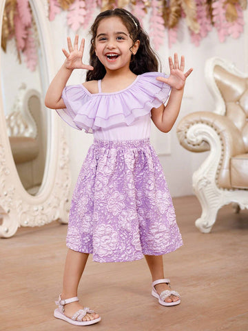 Young Girl's Elegant Purple Oblique-Shoulder Ruffle Jacquard Floral Patchwork Dress, Summer