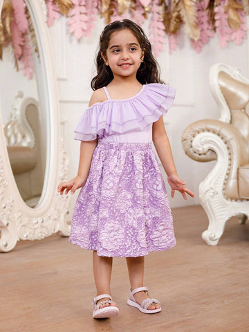 Young Girl's Elegant Purple Oblique-Shoulder Ruffle Jacquard Floral Patchwork Dress, Summer