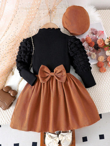 Young Girls' Elegant Ruffled Sleeve Ribbed Top And Corduroy Bow Dress, Autumn/Winter