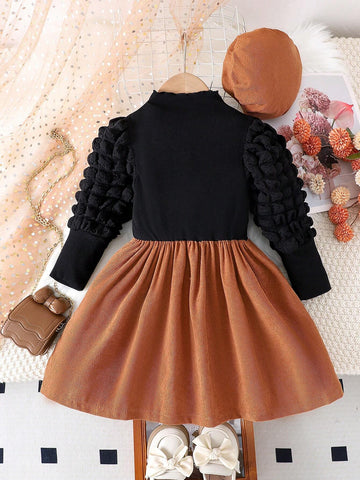 Young Girls' Elegant Ruffled Sleeve Ribbed Top And Corduroy Bow Dress, Autumn/Winter