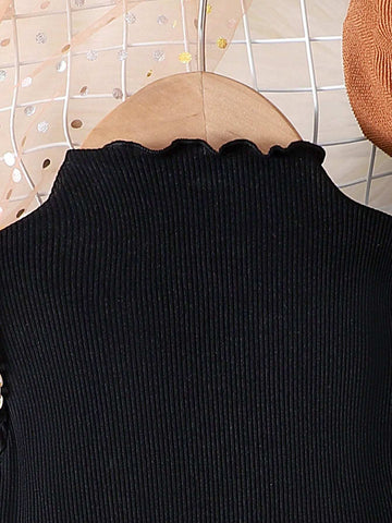 Young Girls' Elegant Ruffled Sleeve Ribbed Top And Corduroy Bow Dress, Autumn/Winter