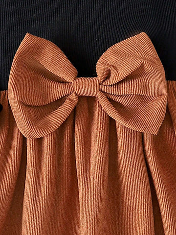 Young Girls' Elegant Ruffled Sleeve Ribbed Top And Corduroy Bow Dress, Autumn/Winter