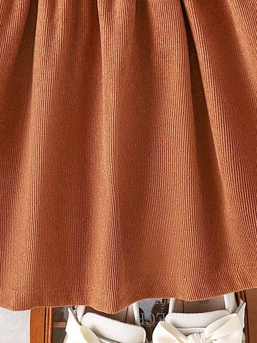 Young Girls' Elegant Ruffled Sleeve Ribbed Top And Corduroy Bow Dress, Autumn/Winter