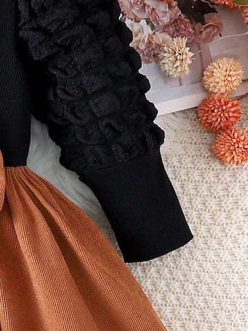 Young Girls' Elegant Ruffled Sleeve Ribbed Top And Corduroy Bow Dress, Autumn/Winter