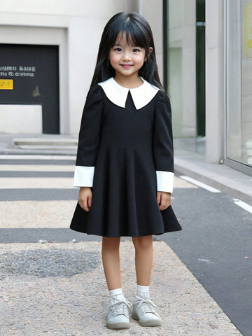 Young Girls Elegant Shirt Collar Splice Soft Elastic Rib Mid-Length Slim Fit Dress
