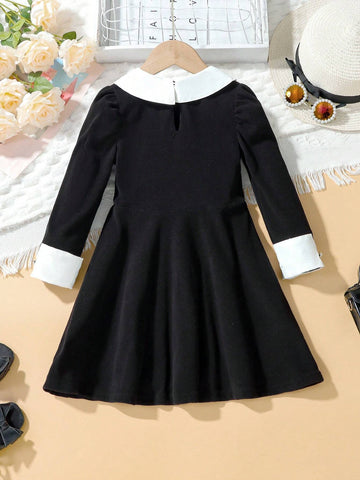 Young Girls Elegant Shirt Collar Splice Soft Elastic Rib Mid-Length Slim Fit Dress