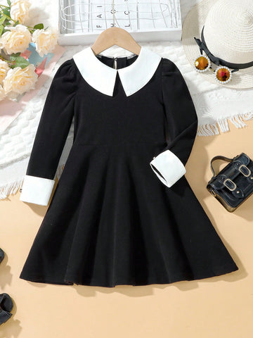 Young Girls Elegant Shirt Collar Splice Soft Elastic Rib Mid-Length Slim Fit Dress