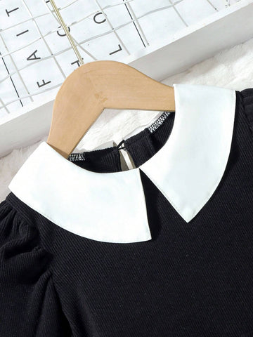 Young Girls Elegant Shirt Collar Splice Soft Elastic Rib Mid-Length Slim Fit Dress
