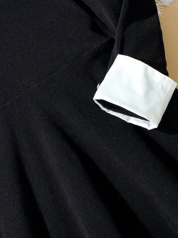 Young Girls Elegant Shirt Collar Splice Soft Elastic Rib Mid-Length Slim Fit Dress